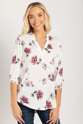 Floral Half-Placket Blouse with Roll-Up Sleeves