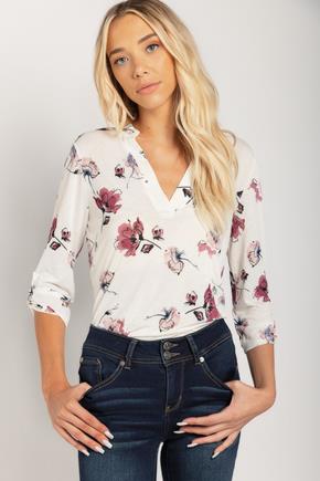 Floral Half-Placket Blouse with Roll-Up Sleeves