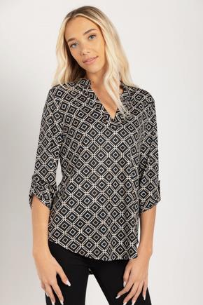 Geo Half-Placket Blouse with Roll-Up Sleeves