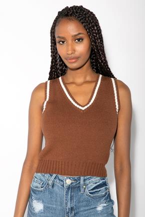 Cropped V-Neck Sweater Vest with Contrast Tipping