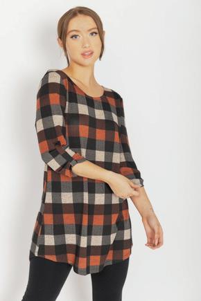 Plaid Knit Tunic with Roll-Up Sleeves and Shirttail Hem