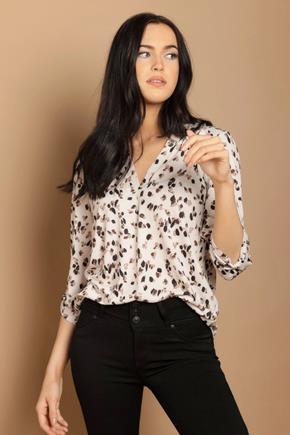 Abstract Half-Placket Blouse with Roll-Up Sleeves