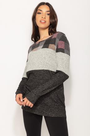 Supersoft Plaid Colour-Blocked Sweater with Banded Bottom