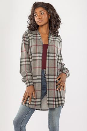 Plaid Open Cardigan with Balloon Sleeves