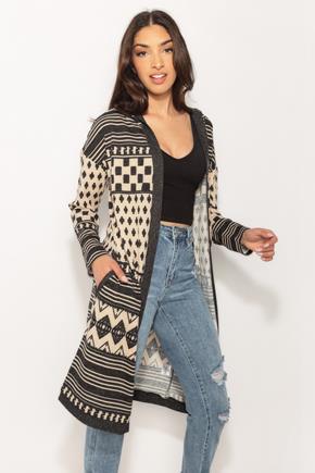 Mix Pattern Hooded Cardigan with Elbow Patches
