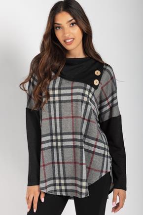 Plaid Hacci Split Neck Poncho with Solid Trim with Buttons