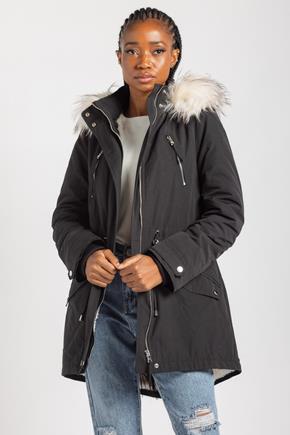 Parka with Shiny Hardware and Fur Trim Hood