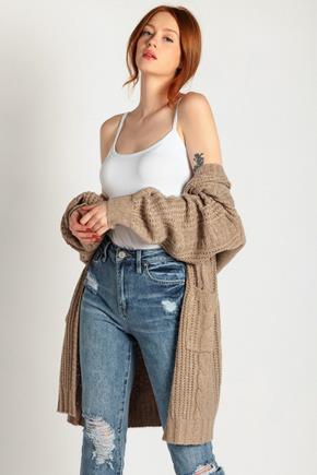 Hairy Cable Knit Balloon Sleeve Open Cardigan