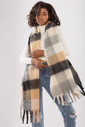 Neutral Plaid Oblong Scard with Chunky Fringe