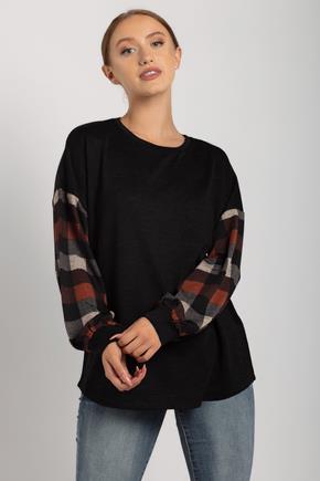 Hacci Sweater with Plaid Balloon Sleeves and Shirttail Hem