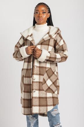 Manteau-chemise long à carreaux avec doublure sherpa et capuchon