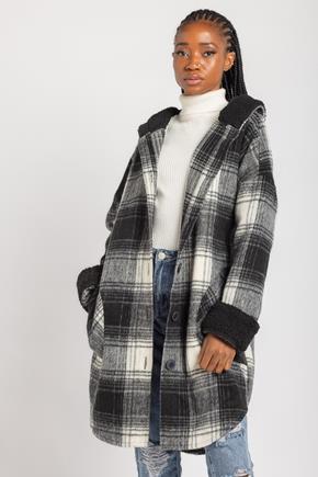 Plaid Hooded Long Shacket with Sherpa Lining