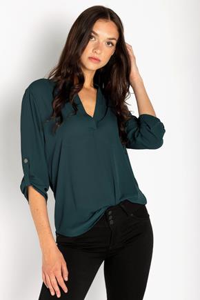 Half-Placket Blouse with Roll-Up Sleeves