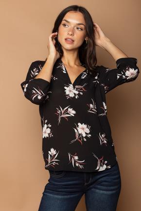 Floral Half-Placket Blouse with Lace Insert