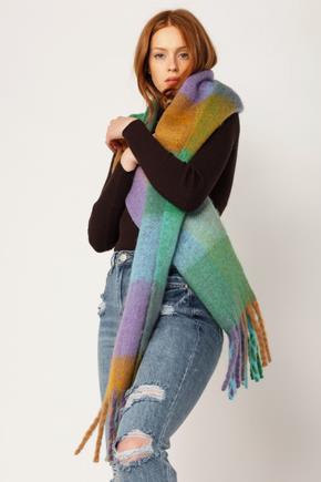 Colourful Plaid Oblong Scarf with Chunky Fringe