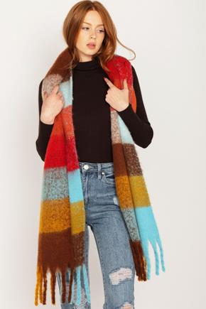 Colourful Plaid Oblong Scarf with Chunky Fringe