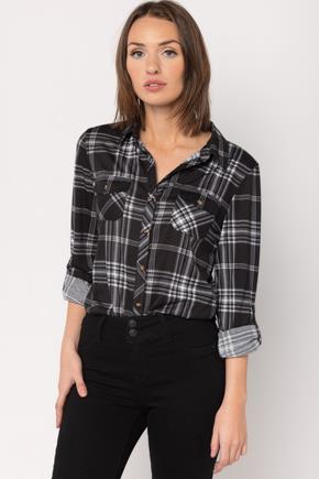Plaid Knit Long Sleeve Shirt with Roll-Up Sleeves