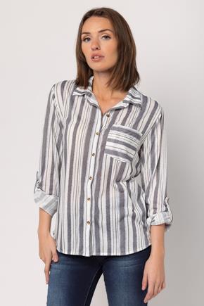 Stripe Knit One-Pocket Shirt with Roll-Up Sleeves