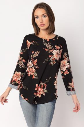 Floral Hacci 3/4 Sleeve Sweater with Shirttail Hem
