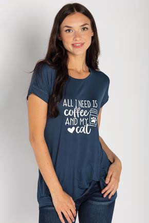 T-shirt ourlet noué "All I Need is Coffee and My Cat"