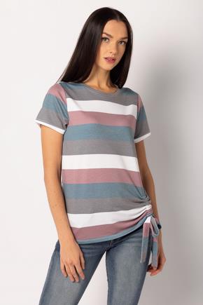 Stripe French Terry T-Shirt with Ruching and Tie