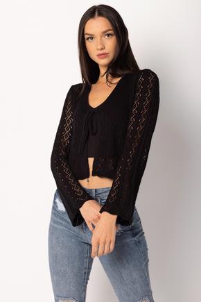 Pointelle Bell Sleeve Tie-Front Cardigan