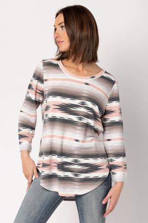 Geo French Terry Top with 3/4 Sleeves and Shirttail Hem