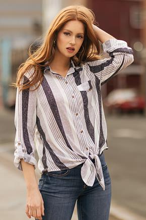Stripe Knit Shirt with Roll-Up Sleeves and Tie-Front