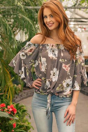 Light Floral Blouse with Bell Sleeves and Tie-Front