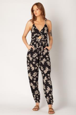 Floral Knotted Bust Jogger Jumpsuit with Cut-Out