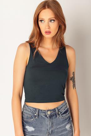 Double Brushed Double Strap Cropped V-Neck