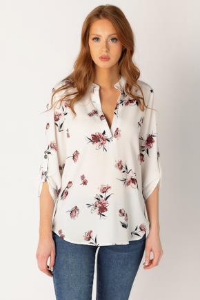 Floral Half-Placket Blouse with Roll-Up Sleeve