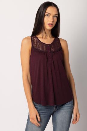 Sleeveless Henley Top with Lace Trim