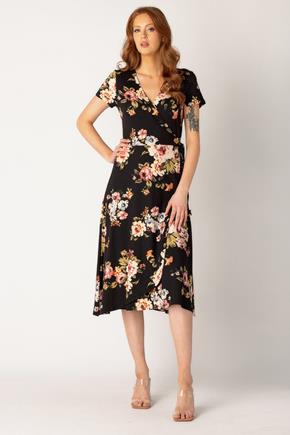 Floral Brushed Cap Sleeve Crossover Midi Dress