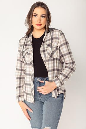Eliza Tan Plaid Flannel Shirt with French Terry Hood