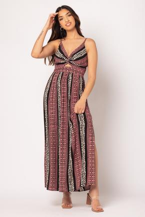 Boho Vine Knotted Bust Maxi Dress with Cut-Out