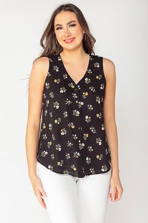 Dark Ditsy Floral Sleeveless Blouse with Buttons