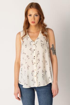 Cream Ditsy Floral Sleeveless Blouse with Buttons