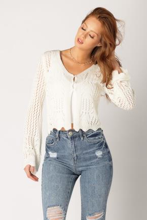 Pointelle Bell Sleeve Cardigan with 3-Button Closure