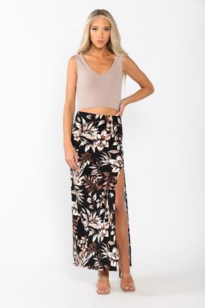 Tropical Floral Maxi Skirt with Side Slit