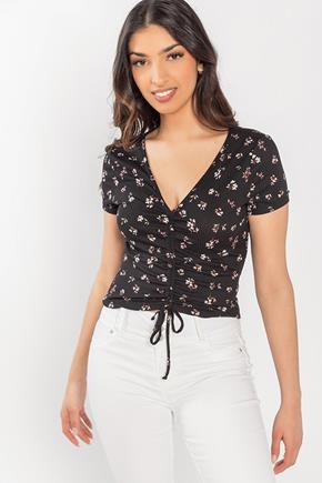 Ditsy Short Sleeve Ruched Crop Top