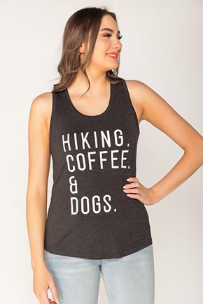 Camisole à imprimé "Hiking, Coffee, & Dogs"