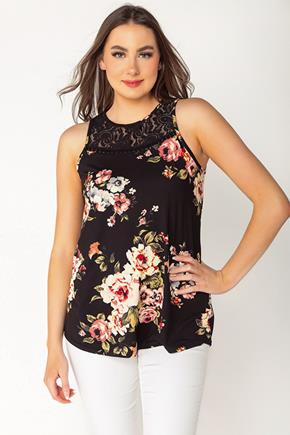 Floral Sleeveless Top with Lace Trim