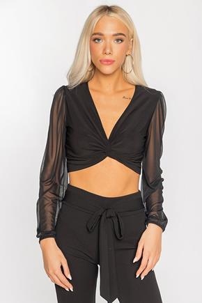 Twisted Front Crop Top with Chiffon Balloon Sleeves