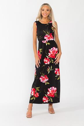 Large floral Brushed Sleeveless Maxi Dress with Tie-Back