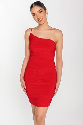 One-Shoulder Allover Ruched Bodycon Dress