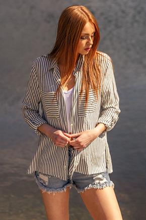 Stripe Challis Shirt with Roll-Up Sleeves