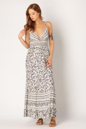 Floral Border Print Knotted Bust Maxi Dress with Cut-Out