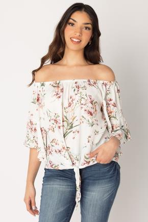 Bouquet Off-Shoulder Blouse with Bell Sleeves and Tie-Front
