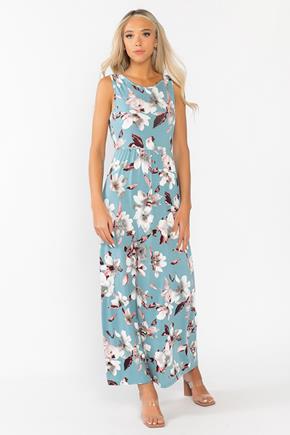 Large Floral Brushed Sleeveless Maxi Dress with Tie-Back